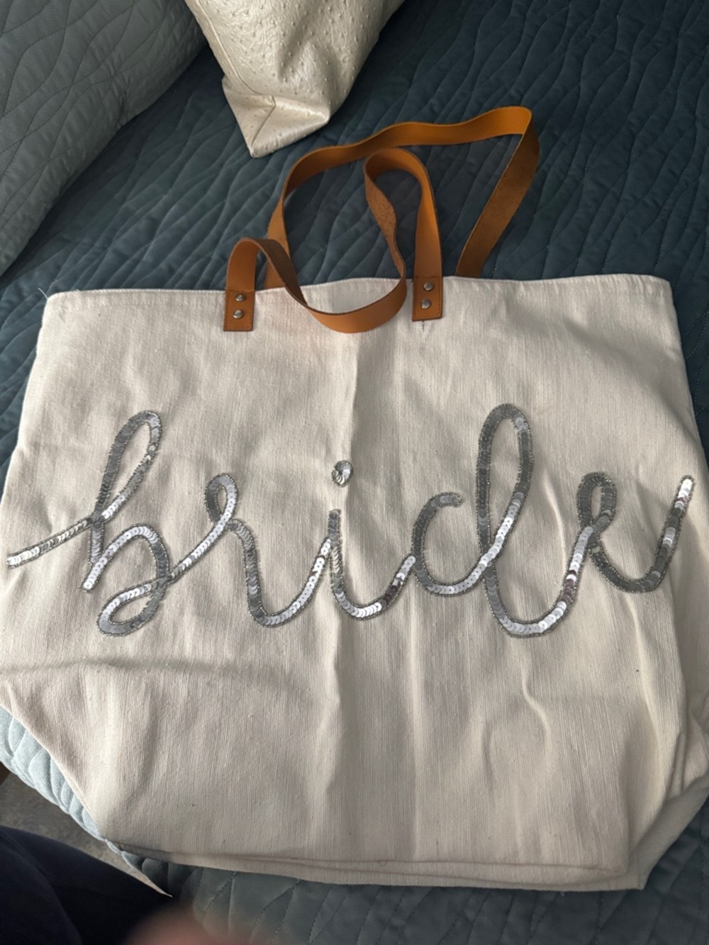 Large Sequin “BRIDE” Canvas Tote with Tan Leather Straps